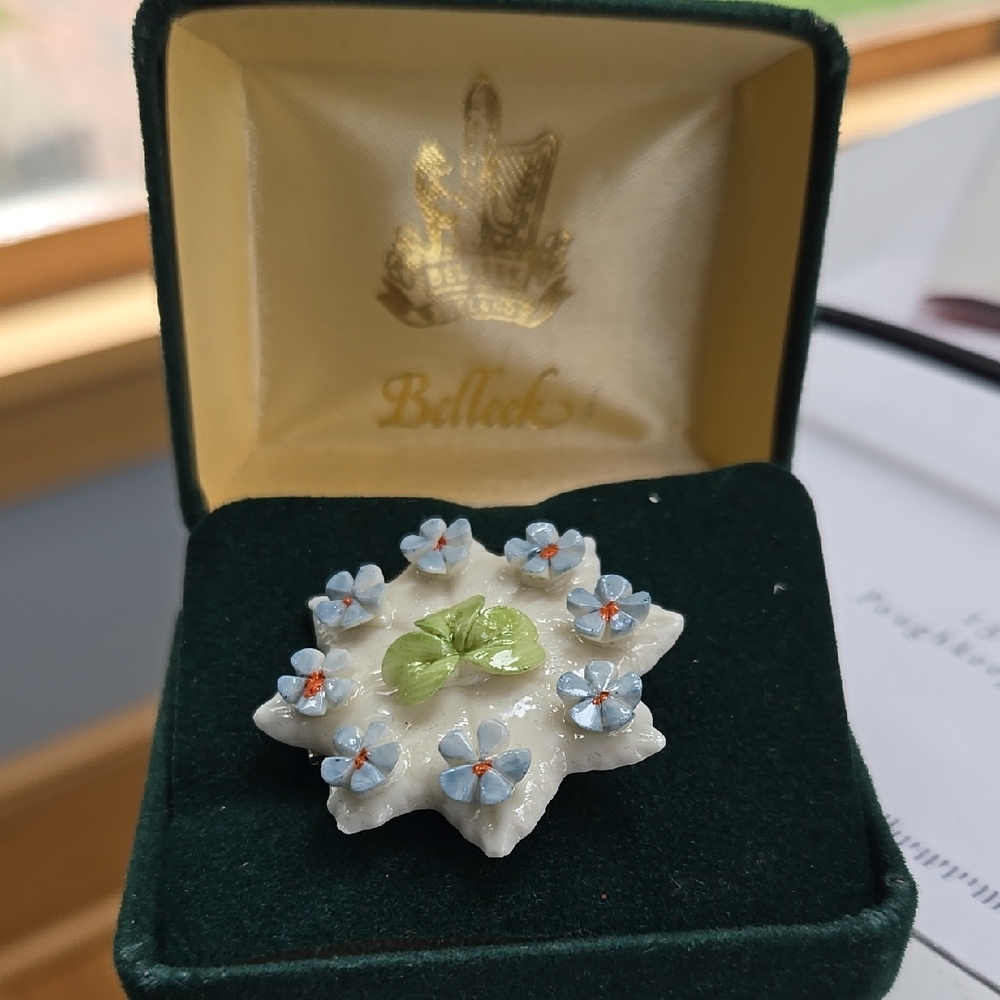 Belleek Blue and Green Floral Brooch